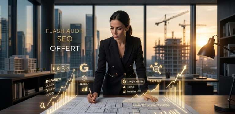 Experte analysant des données de performance SEO et visibilité numérique sur des plans d'architecte pour un audit de cabinet.